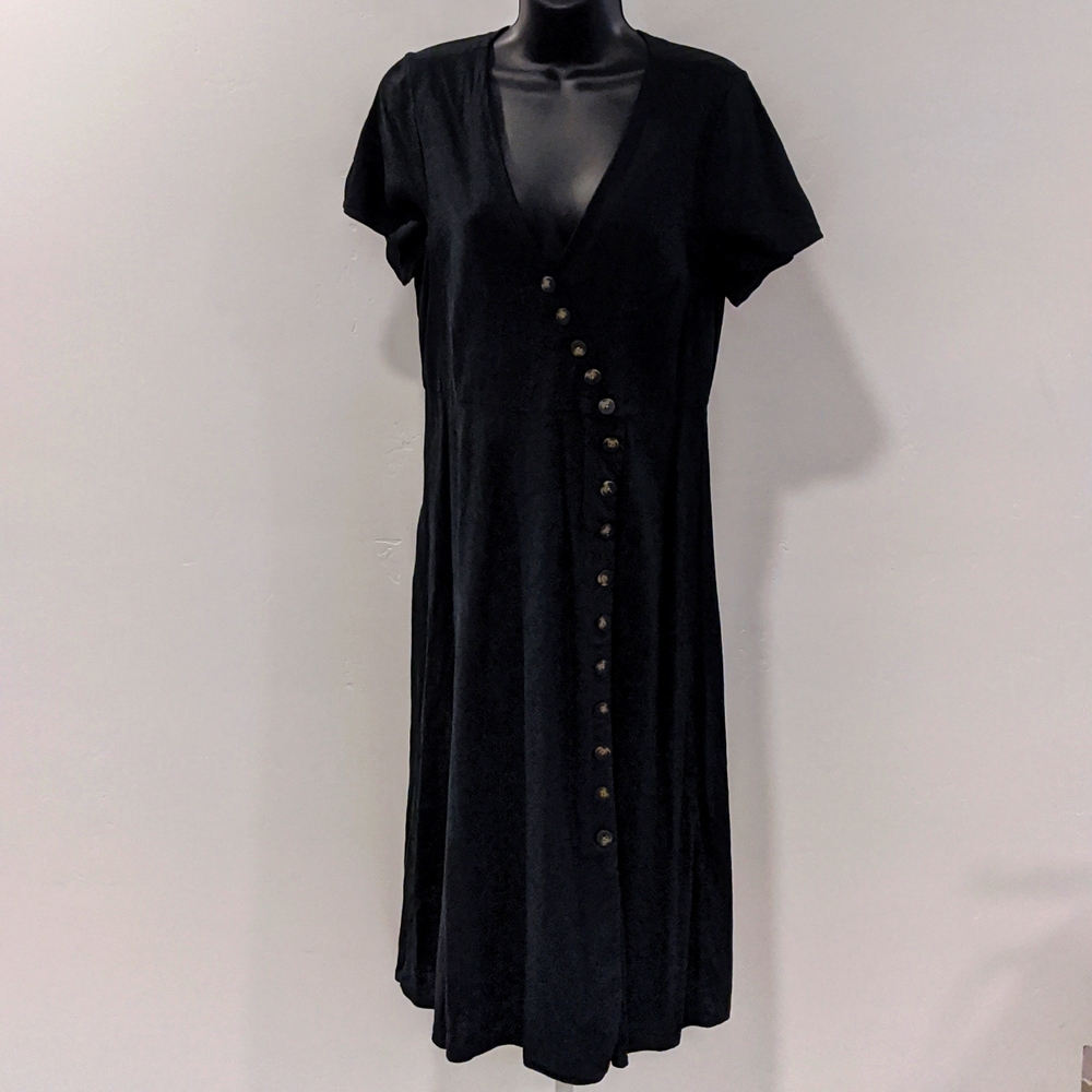 Madewell Black Linen-Blend Button faux Wrap Midi Dress 10